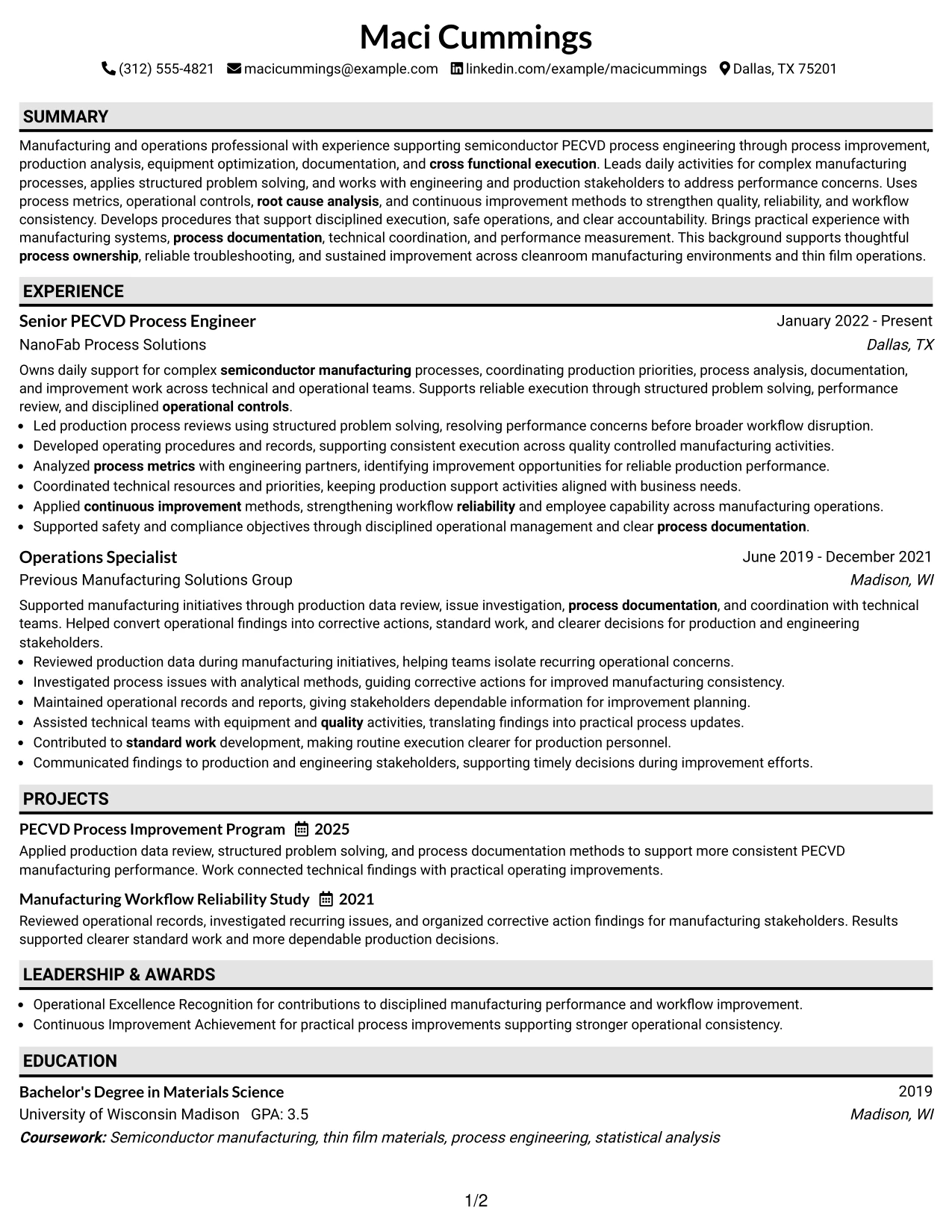 Resume Example Page 1