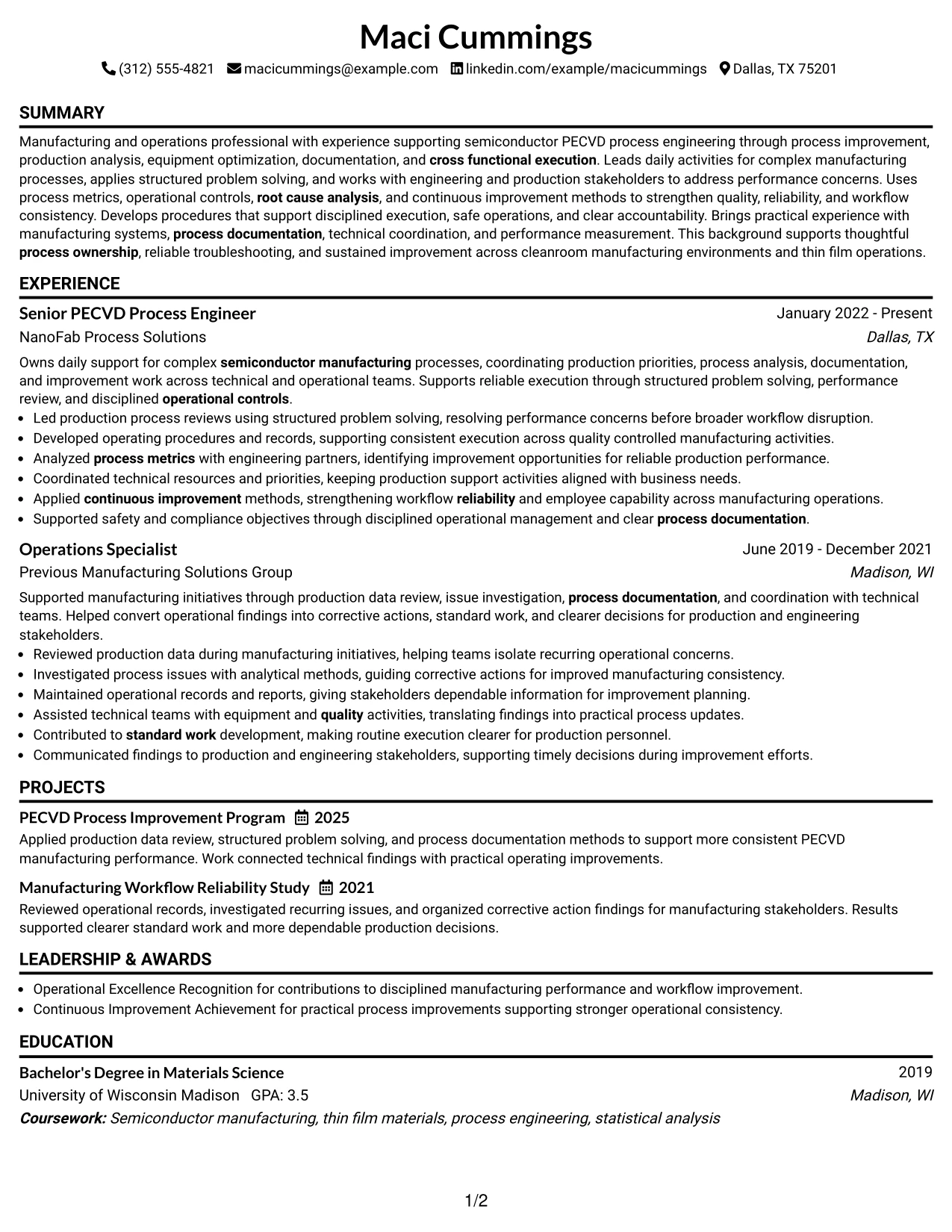 Resume Example Page 1