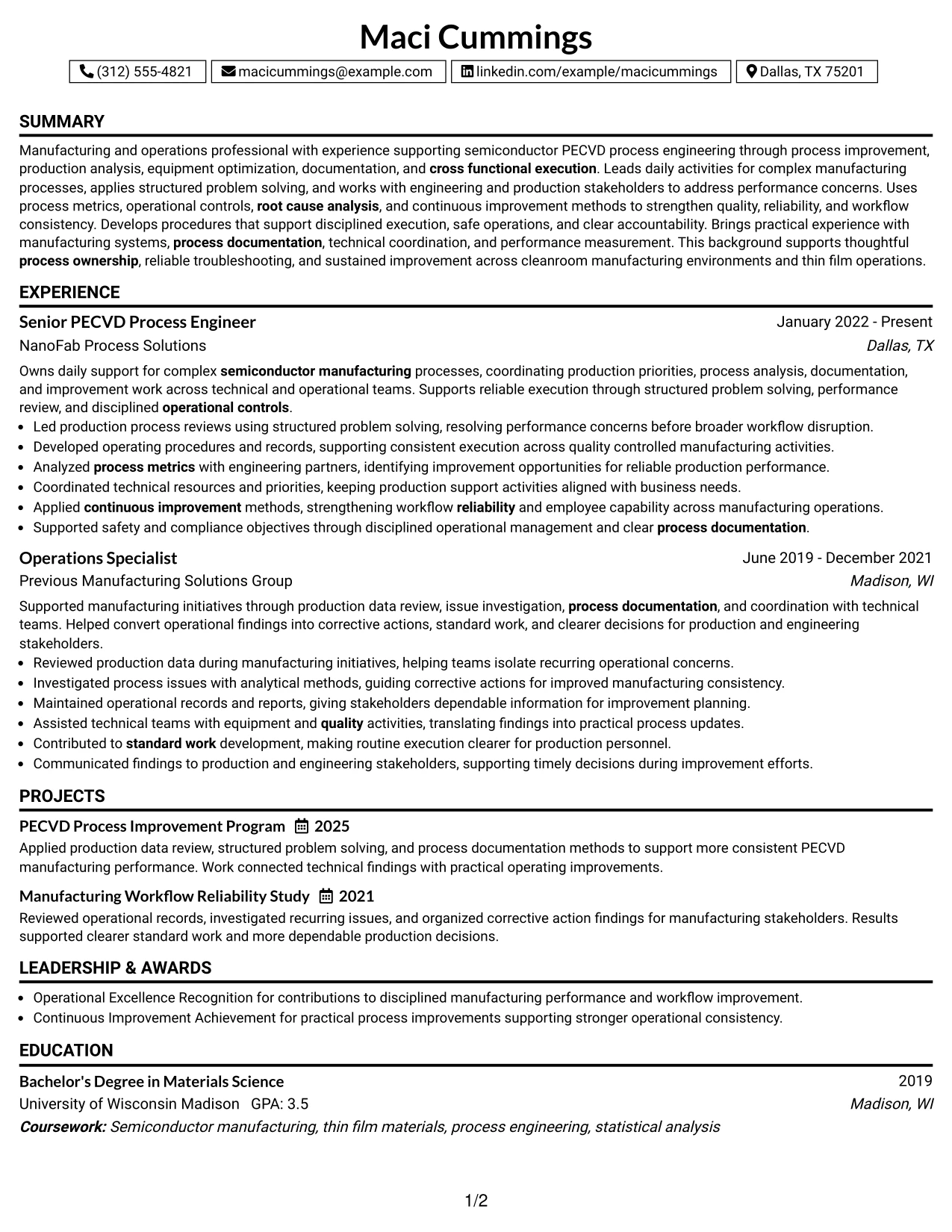 Resume Example Page 1