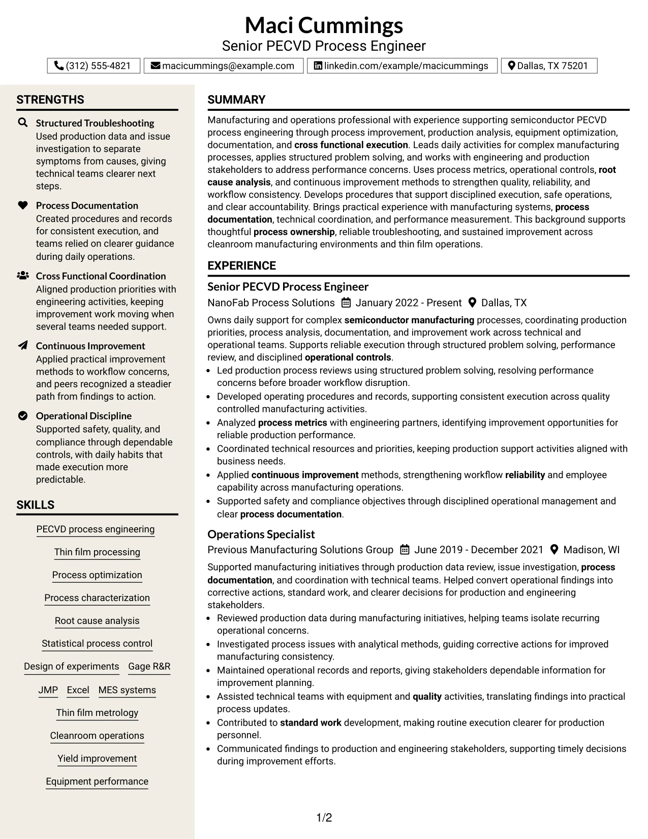 Resume Example Page 1