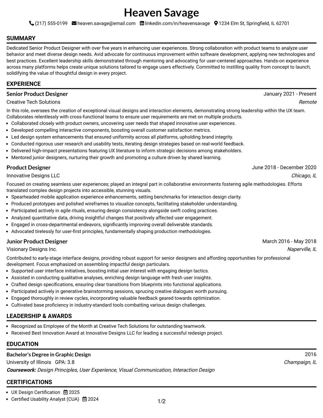 Resume Example Page 1