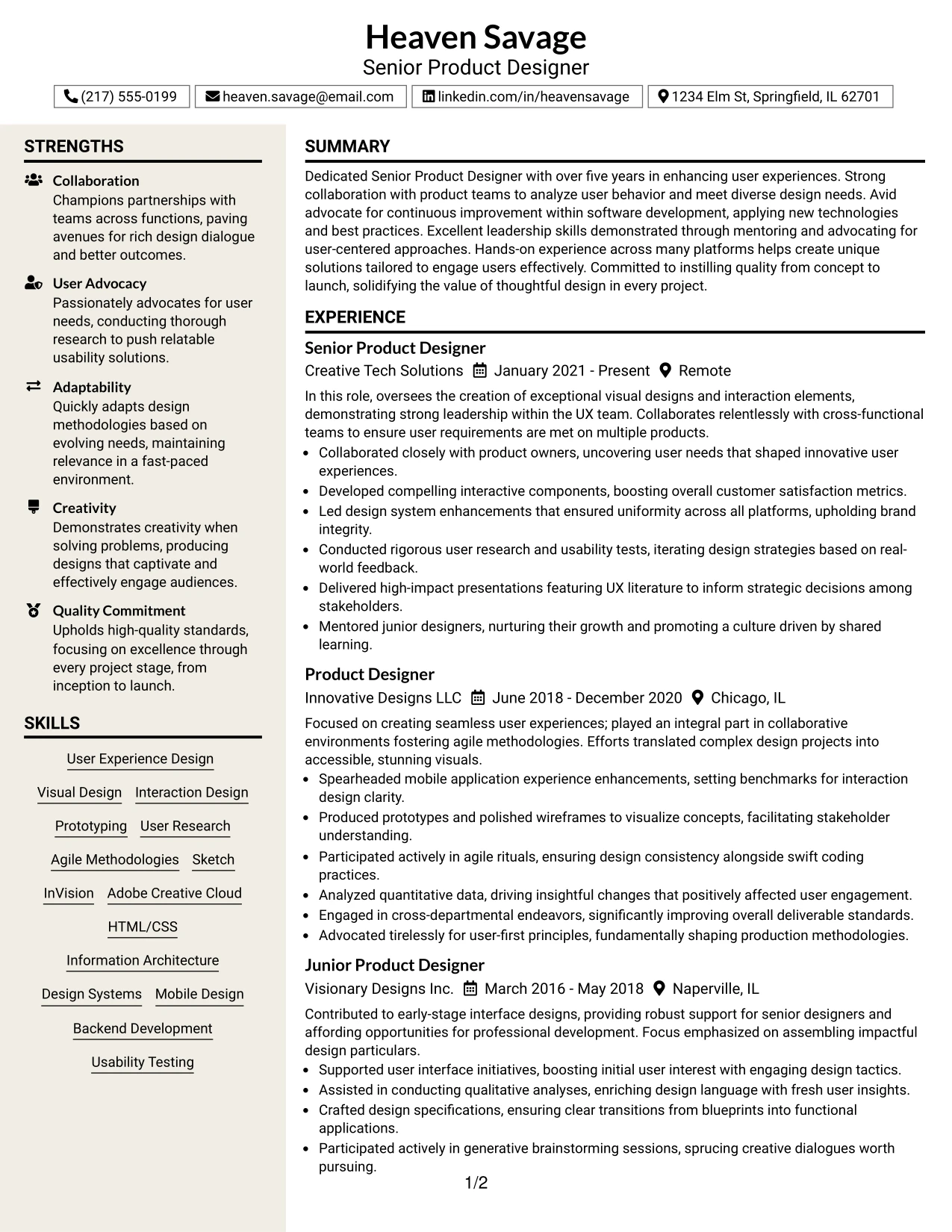 Resume Example Page 1