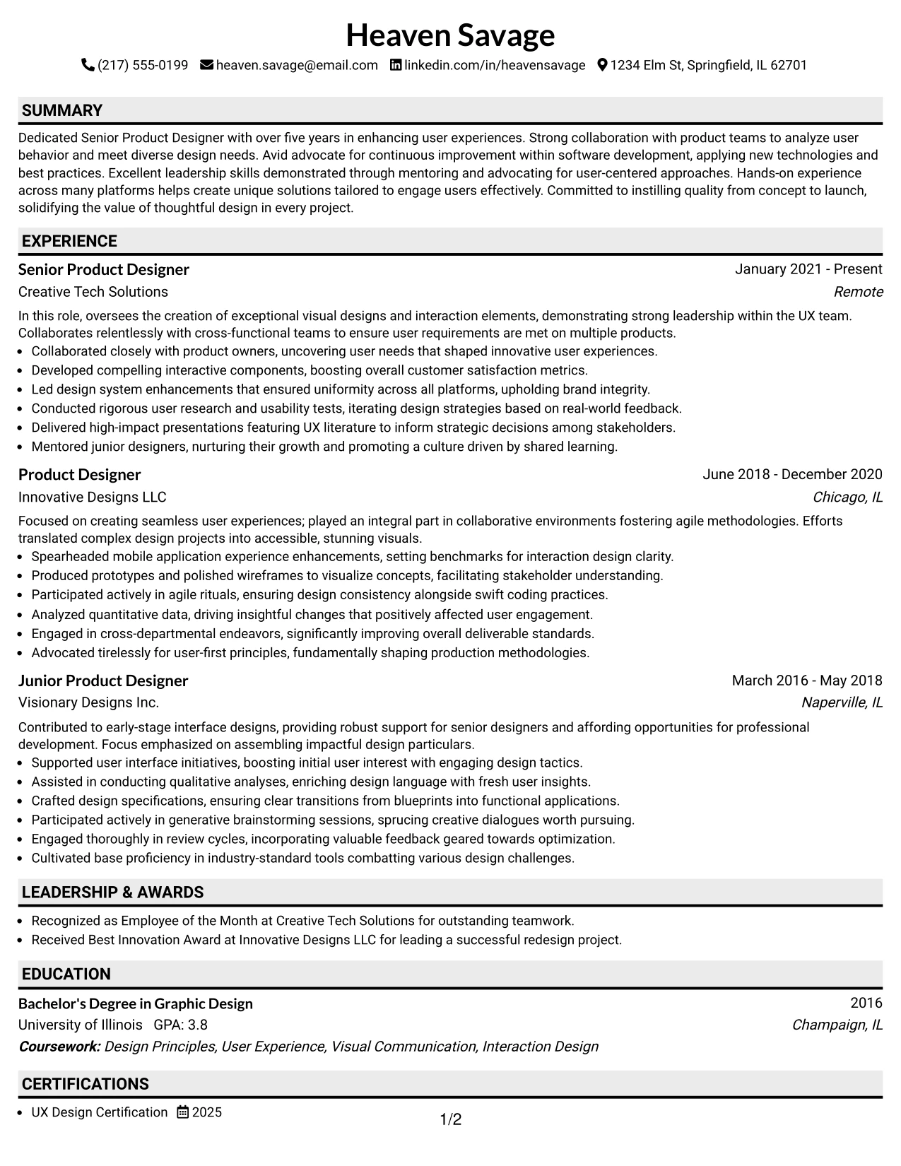 Resume Example Page 1