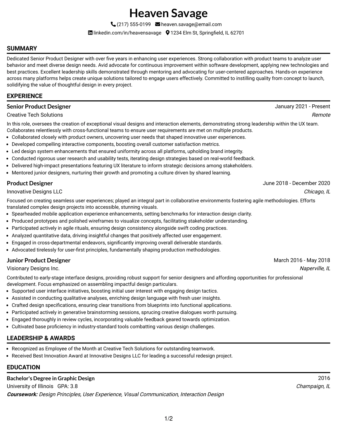 Resume Example Page 1