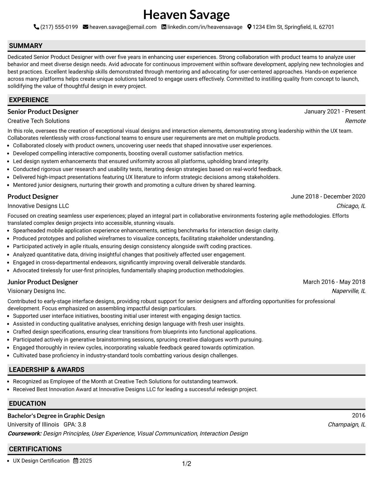 Resume Example Page 1