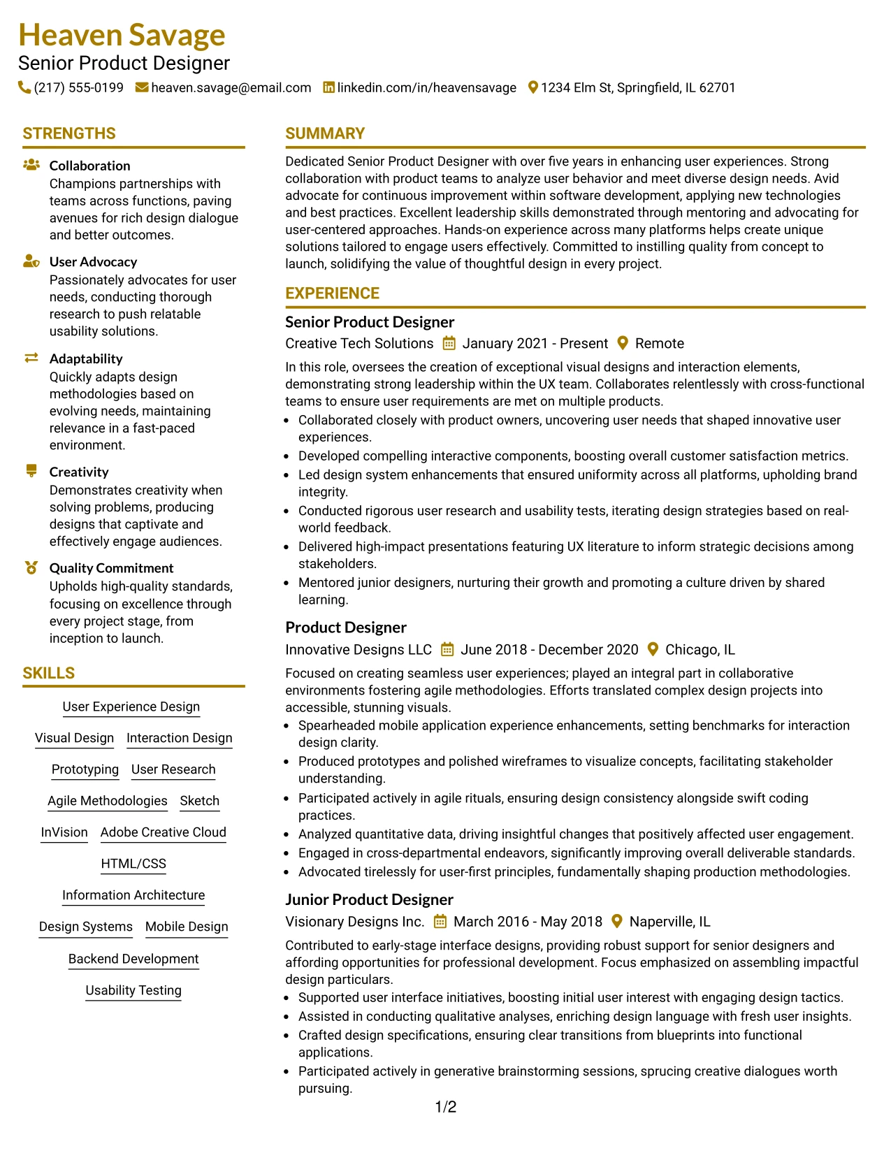 Resume Example Page 1