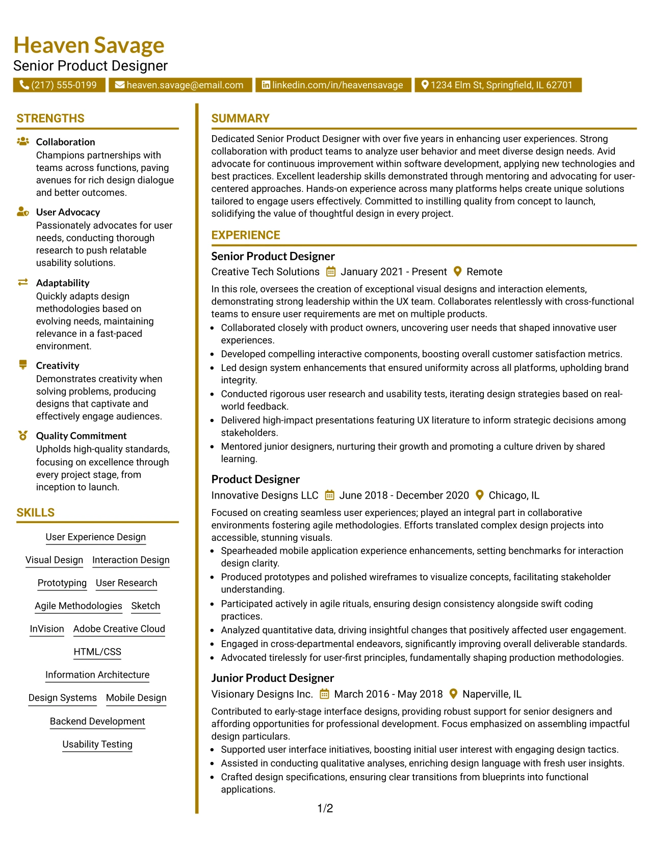 Resume Example Page 1