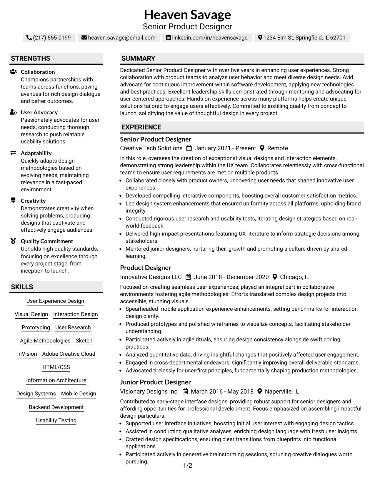 Resume Example Page 1