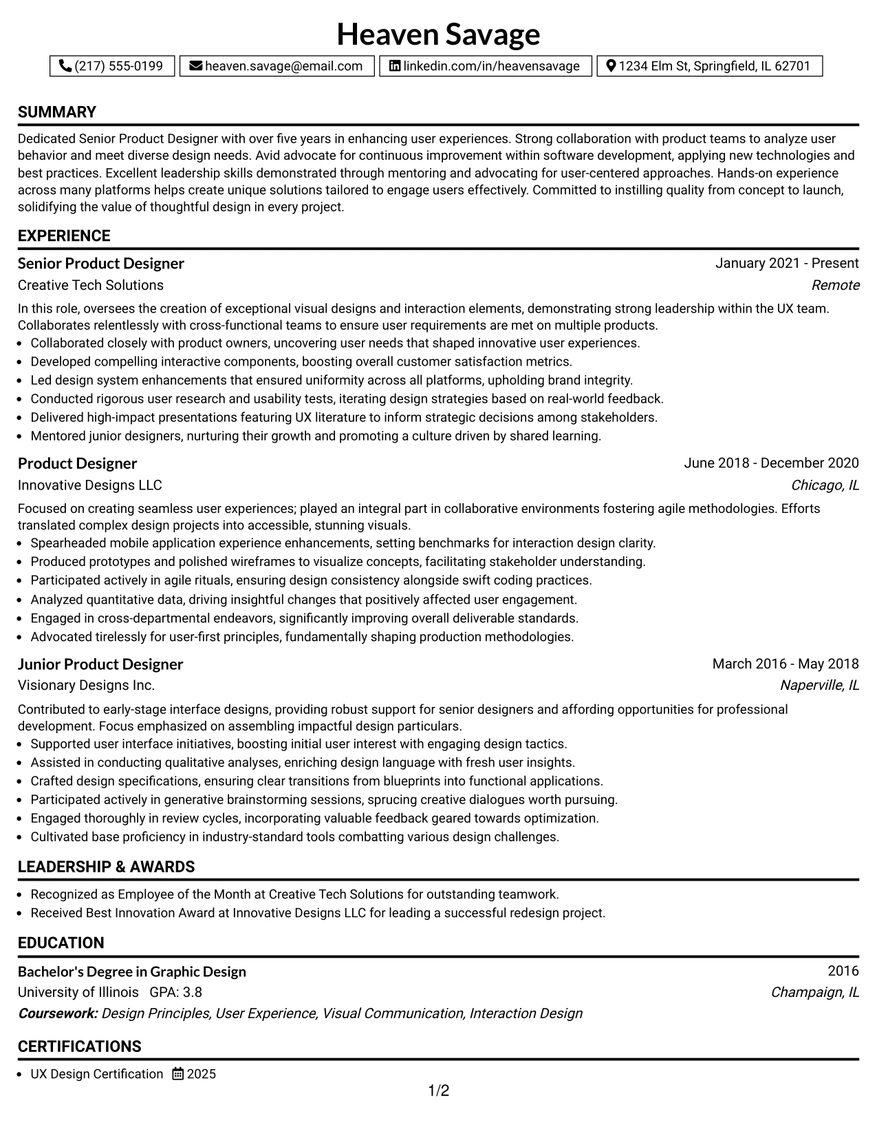 Resume Example Page 1