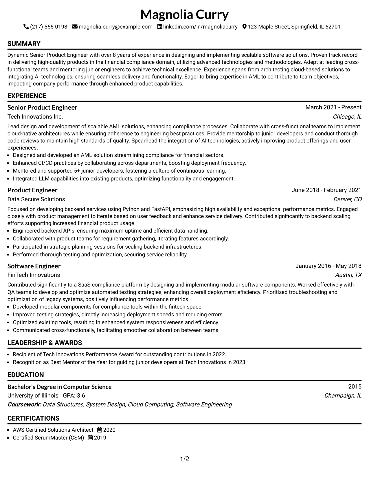 Resume Example Page 1