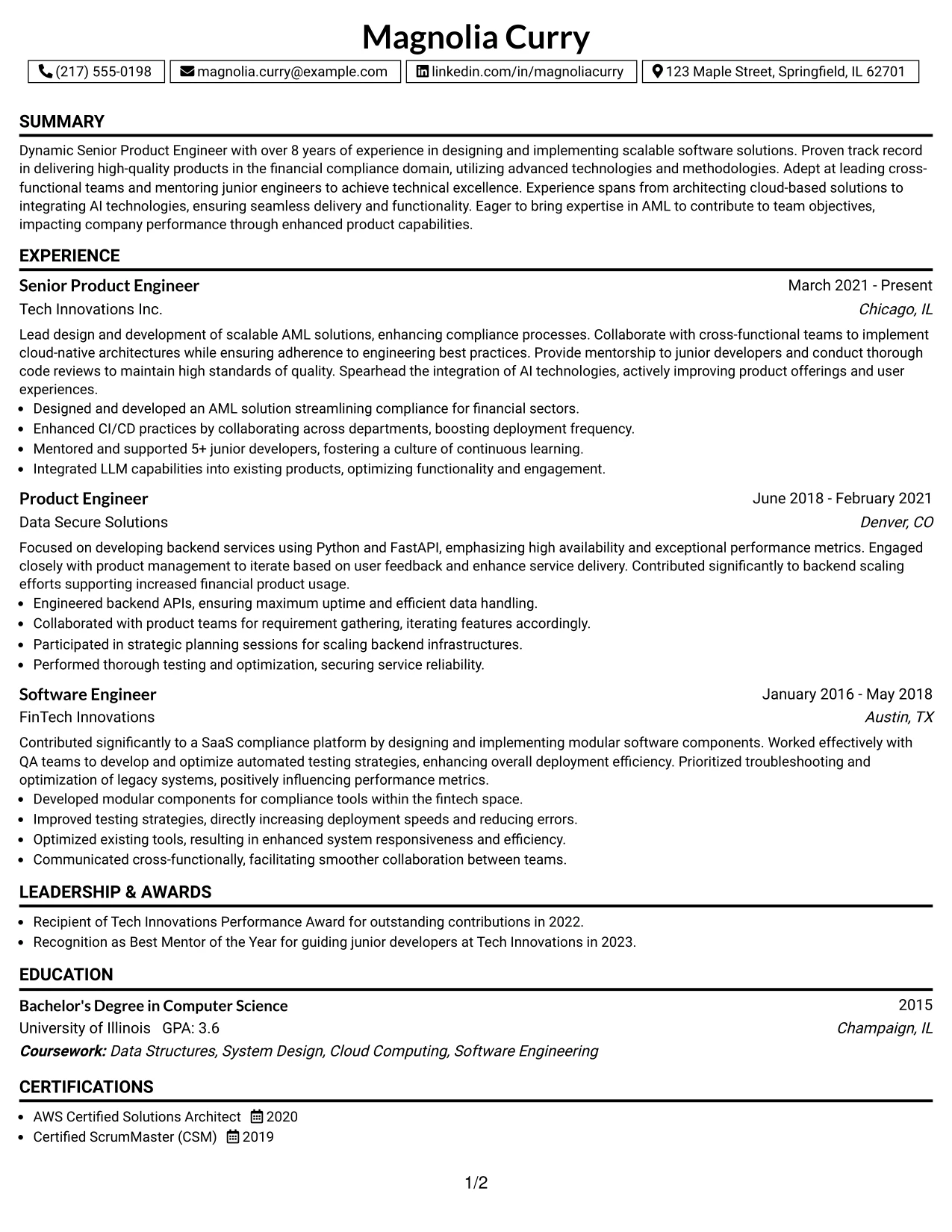 Resume Example Page 1