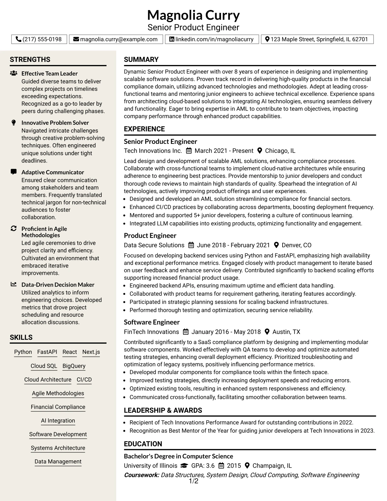 Resume Example Page 1