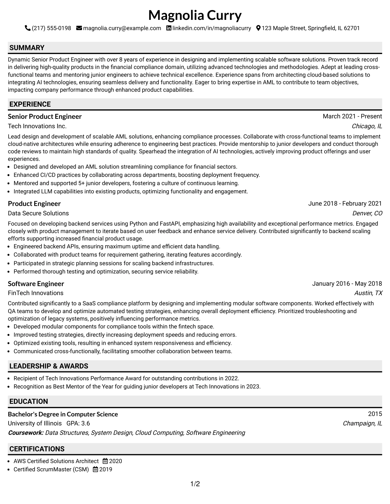 Resume Example Page 1
