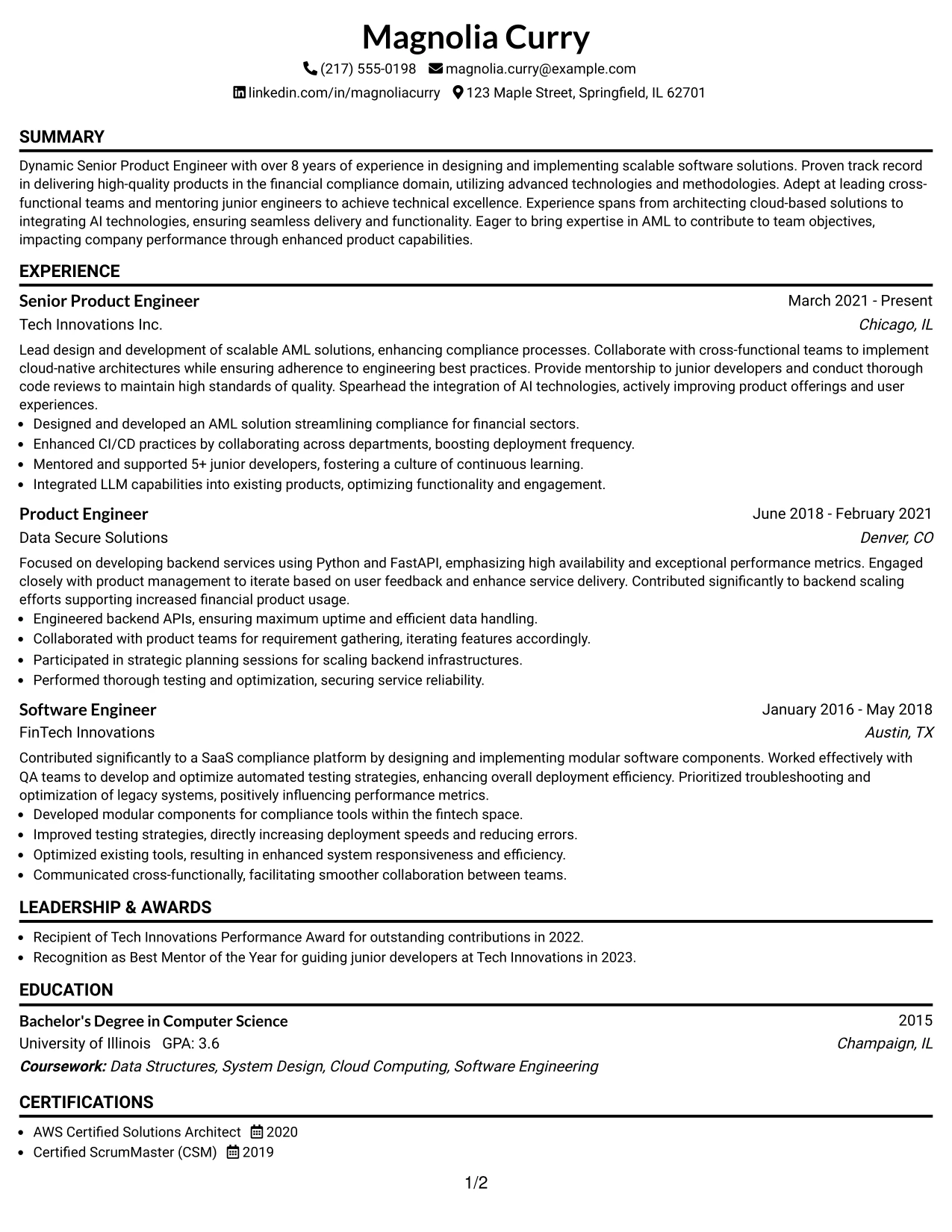 Resume Example Page 1