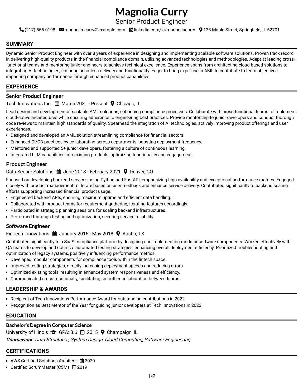 Resume Example Page 1