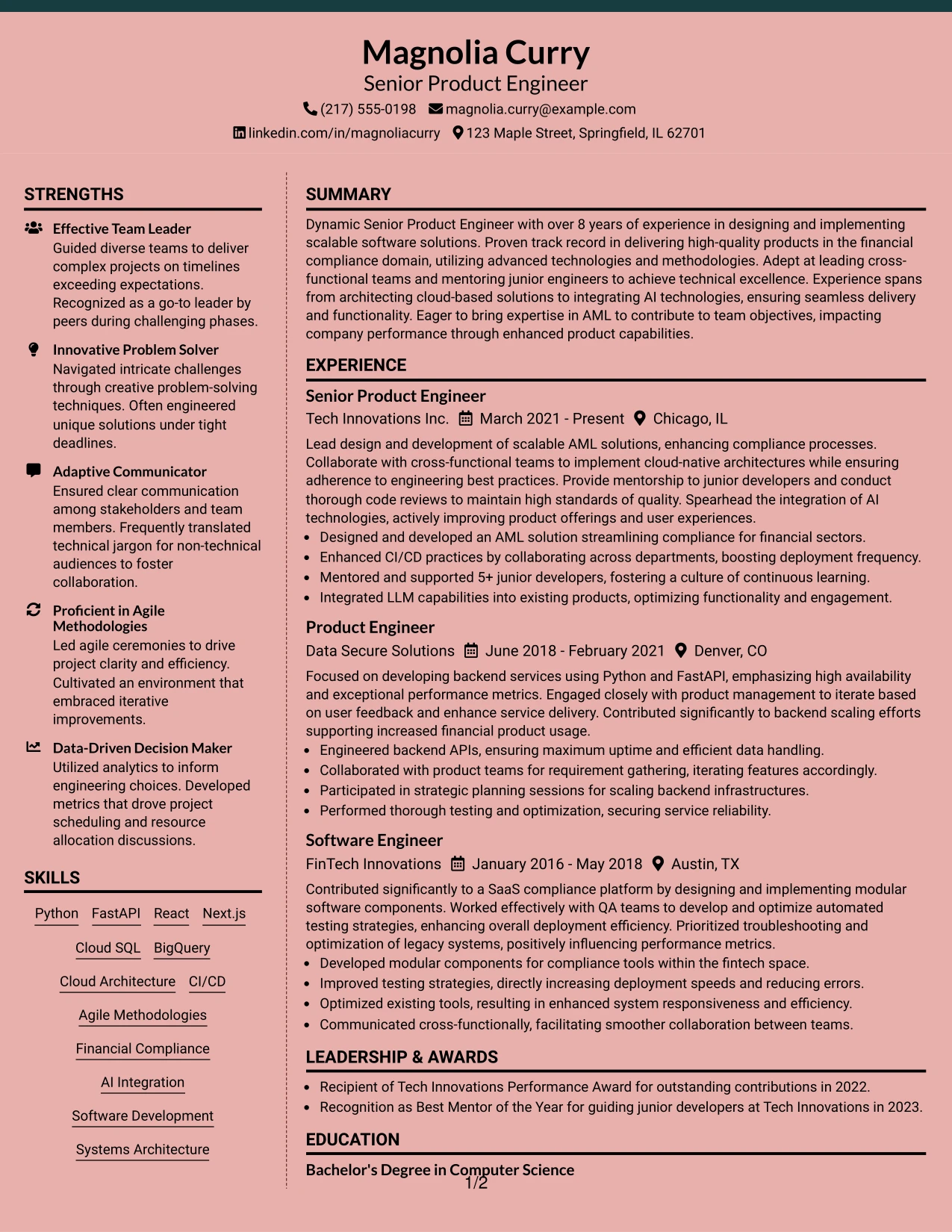 Resume Example Page 1
