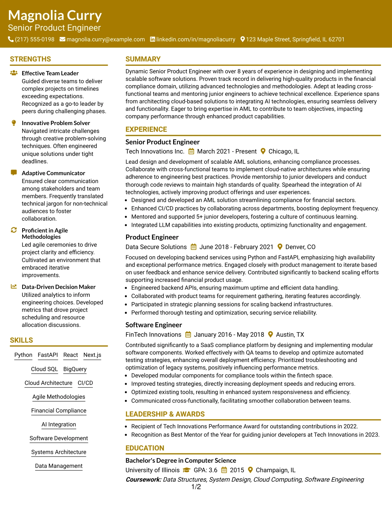 Resume Example Page 1