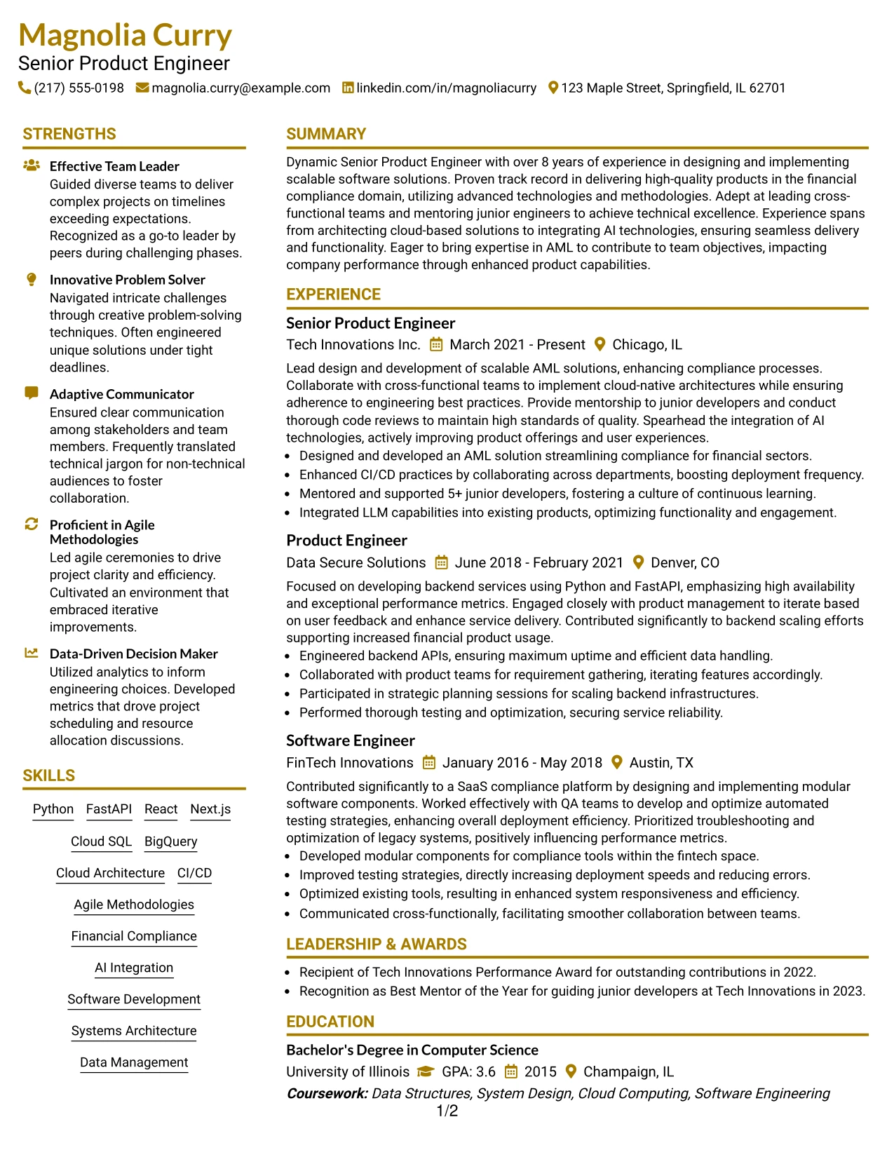Resume Example Page 1