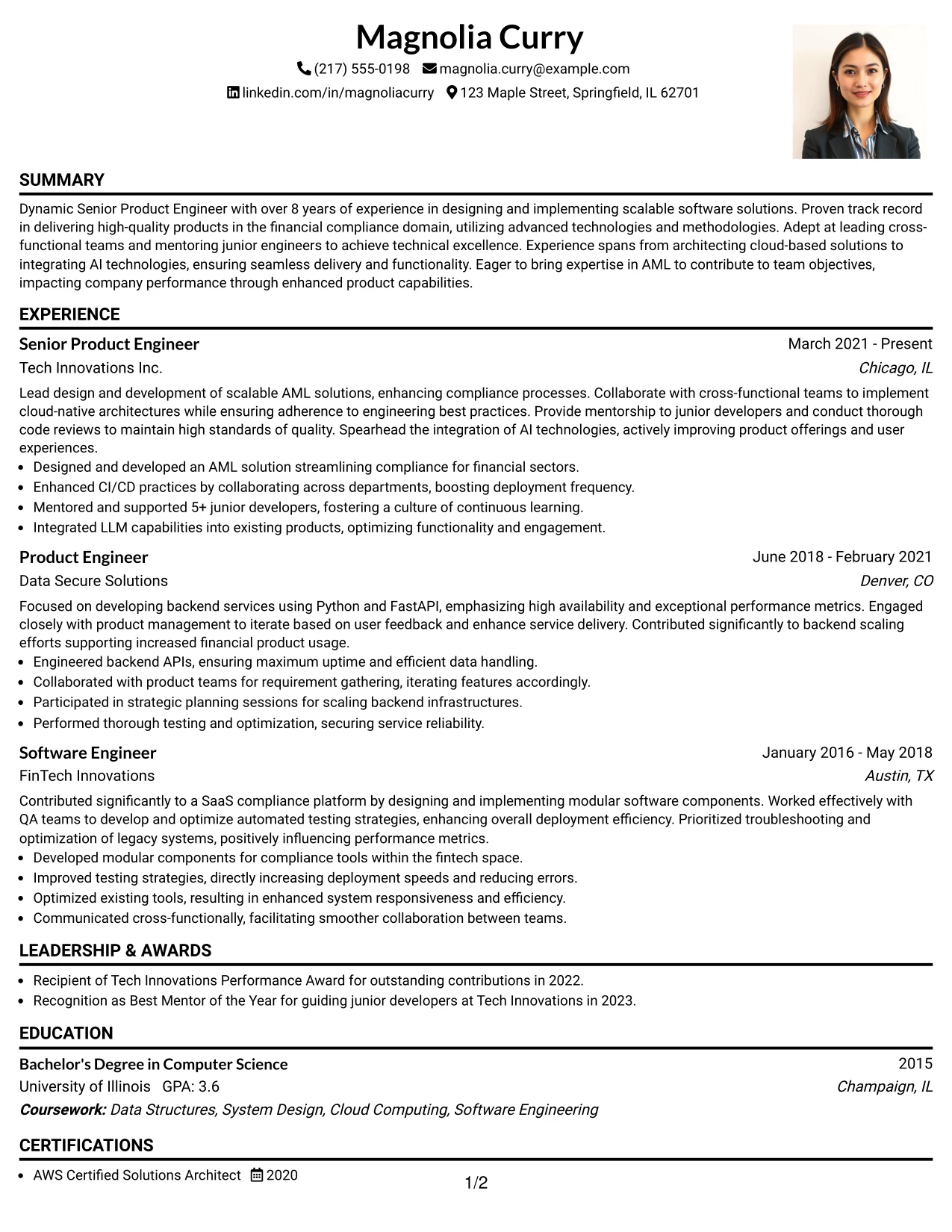 Resume Example Page 1