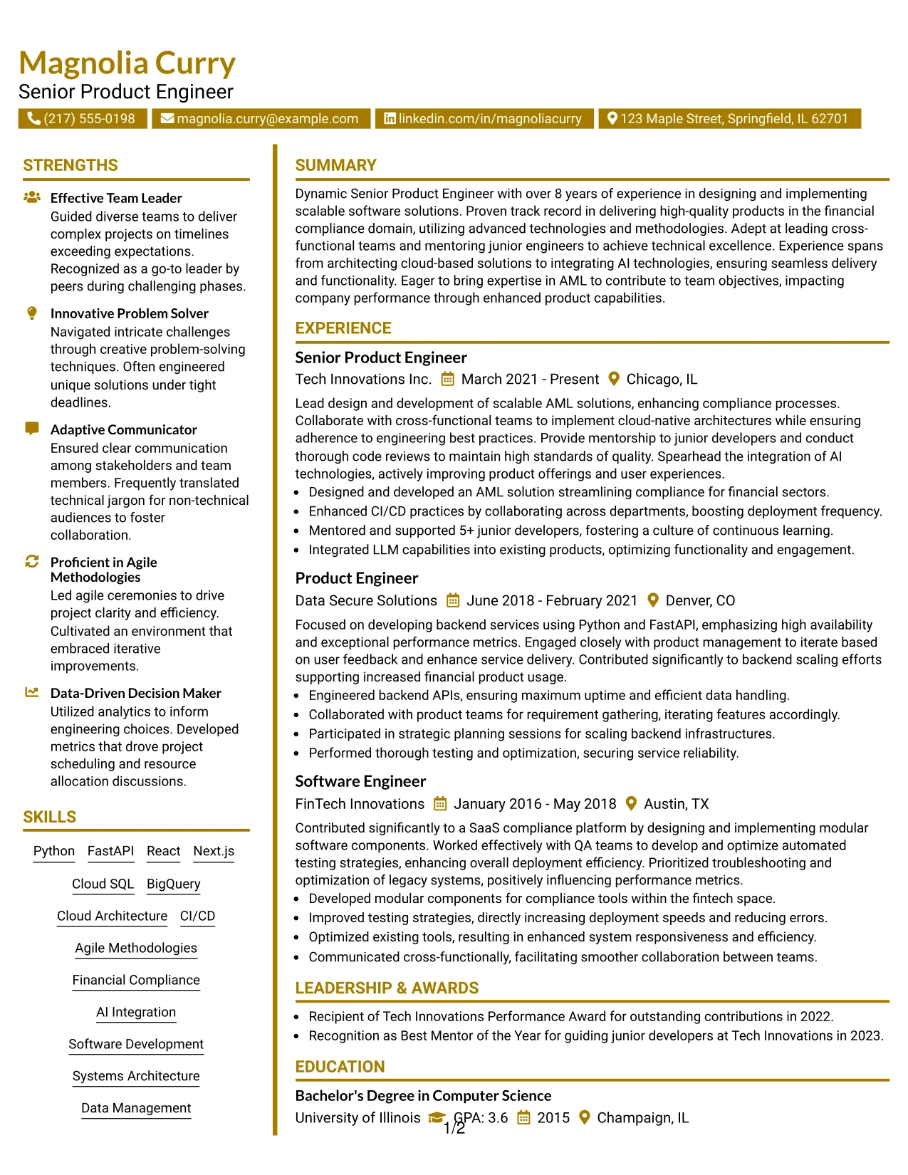 Resume Example Page 1
