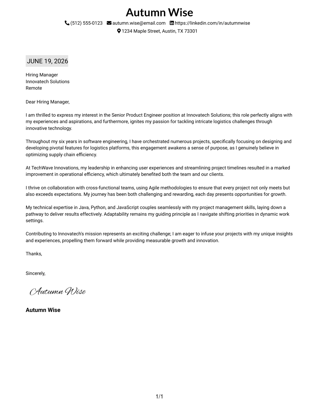 Resume Example Page 1