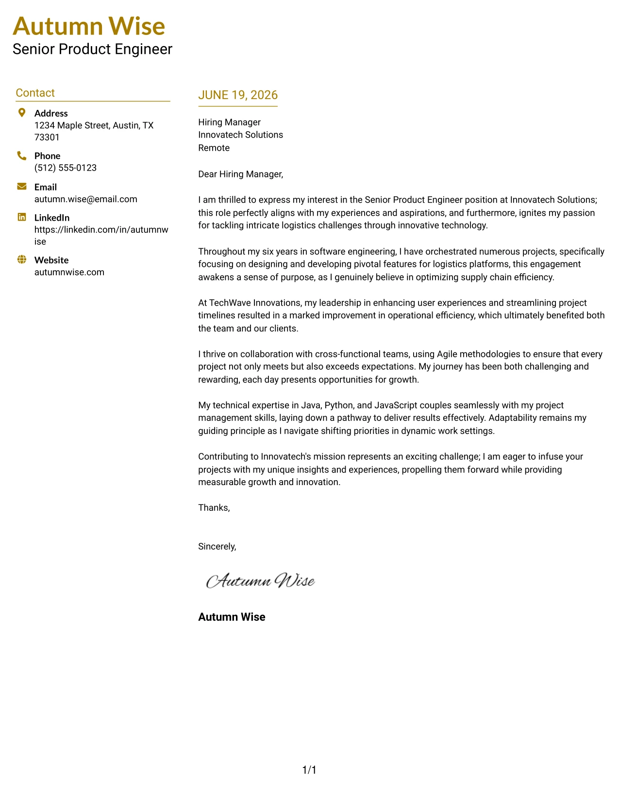 Resume Example Page 1