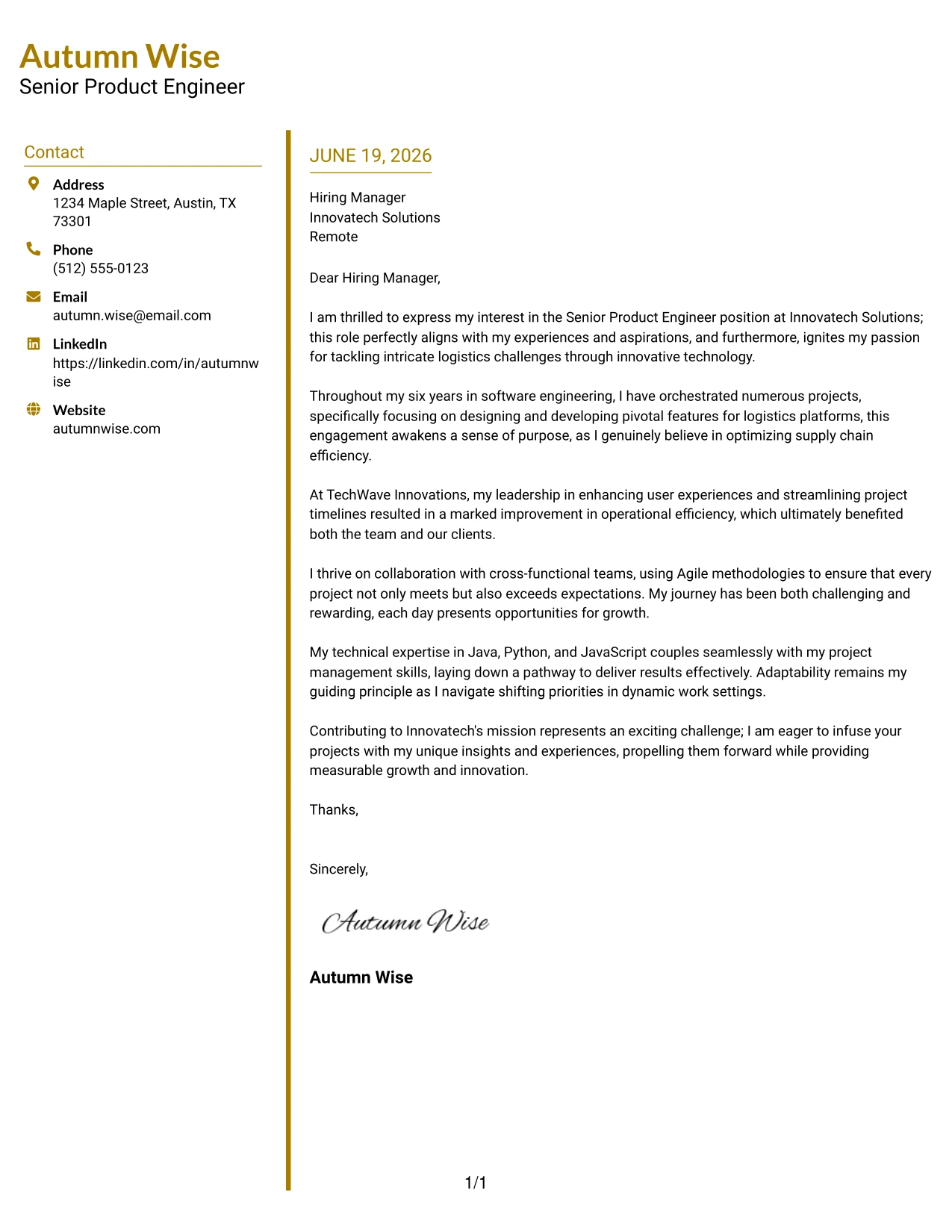 Resume Example Page 1