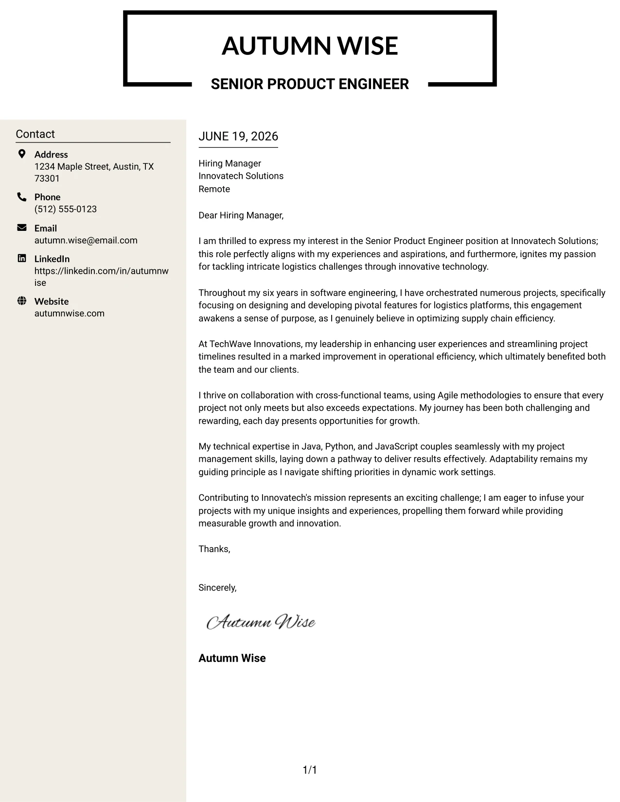 Resume Example Page 1