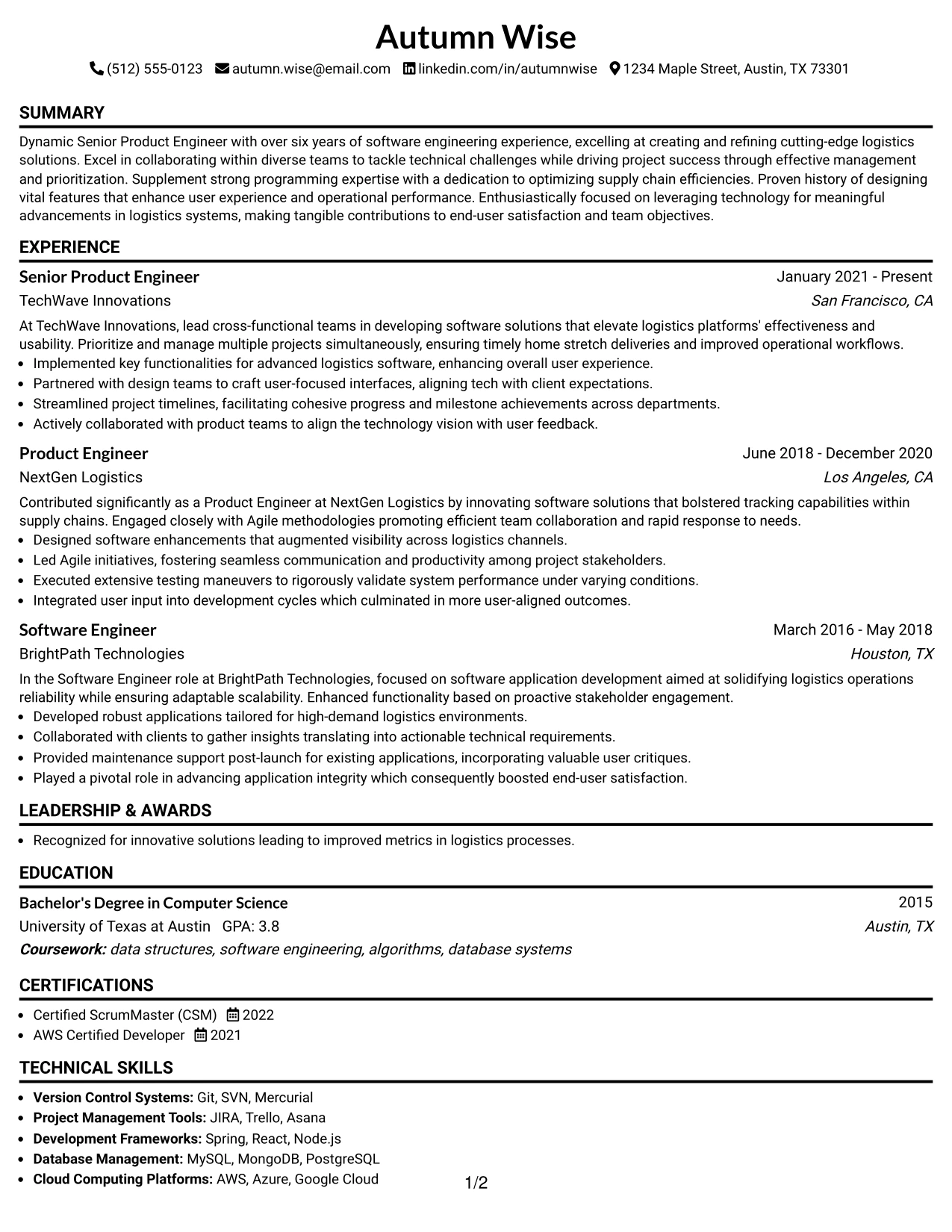 Resume Example Page 1