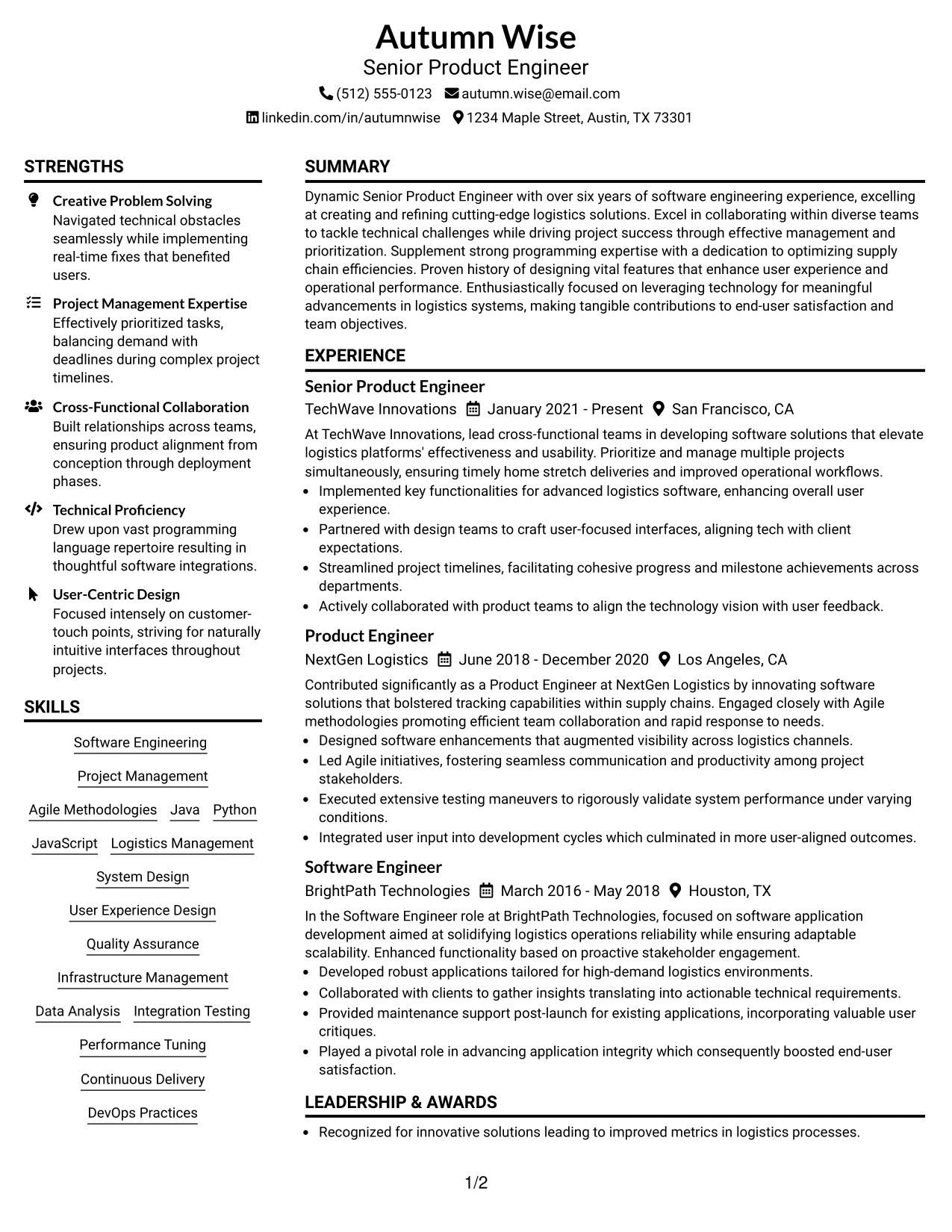 Resume Example Page 1