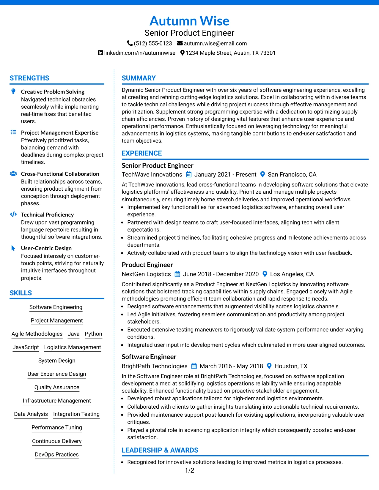 Resume Example Page 1