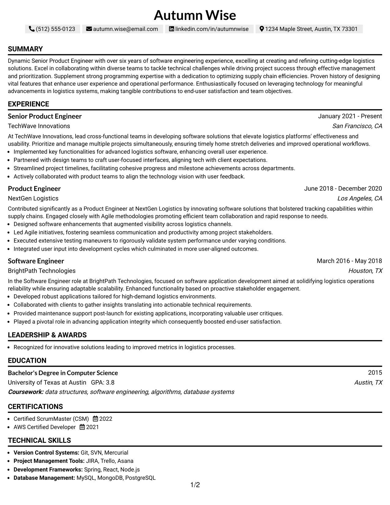 Resume Example Page 1