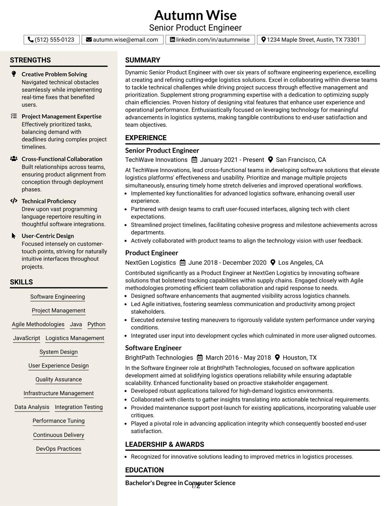 Resume Example Page 1