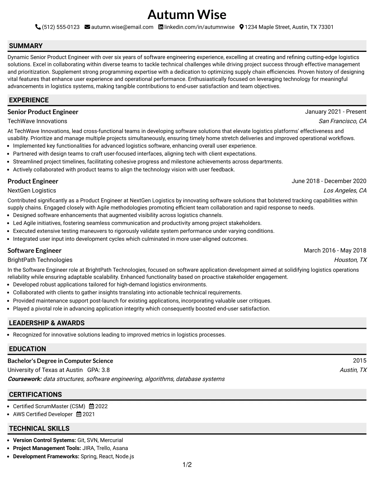 Resume Example Page 1
