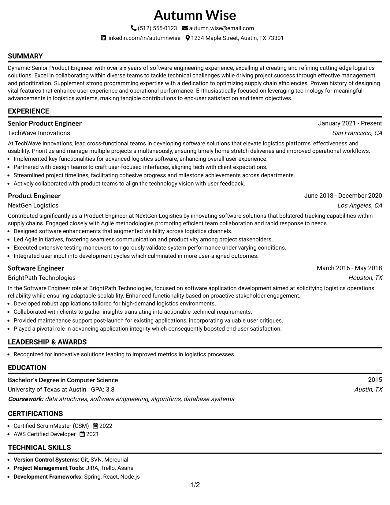 Resume Example Page 1
