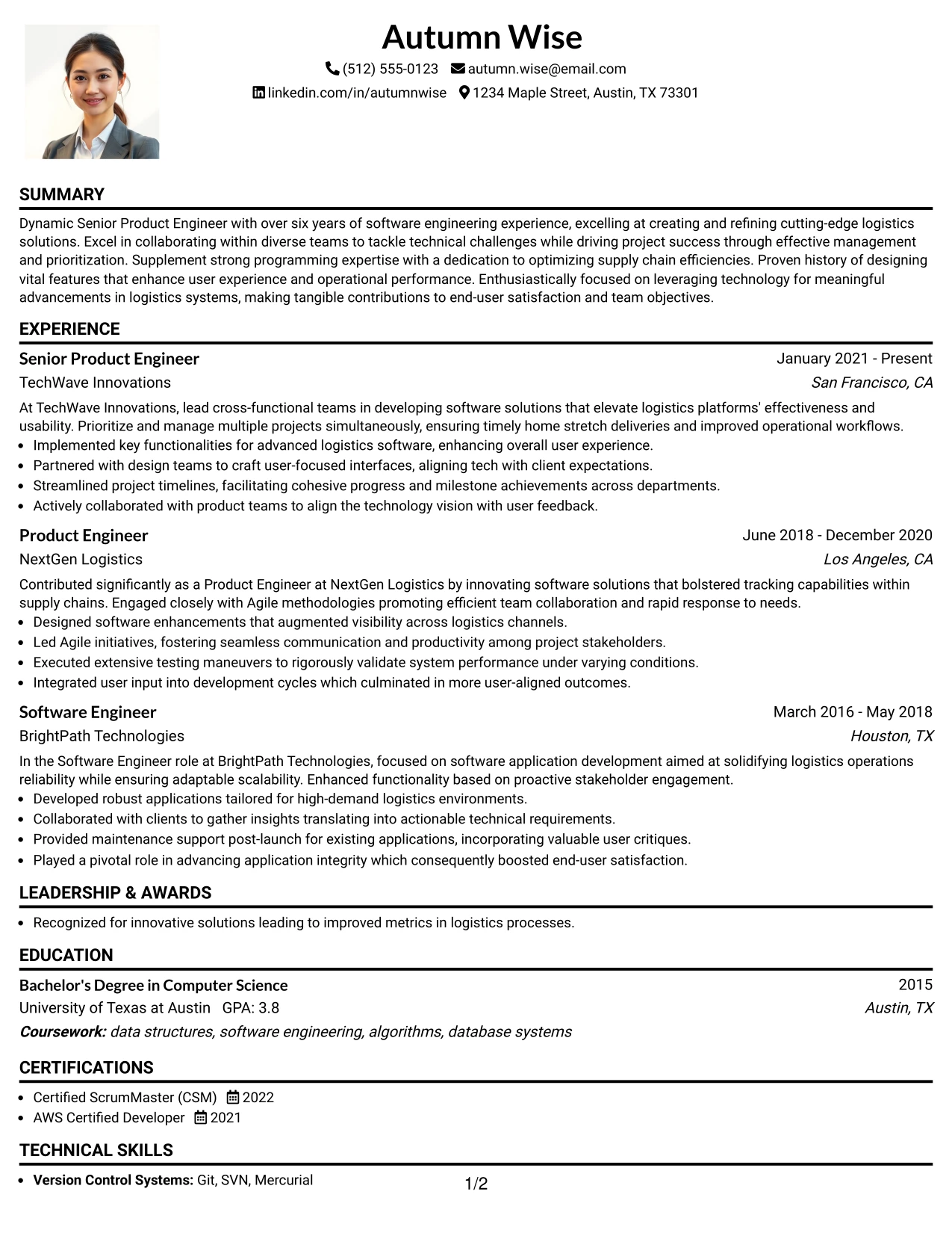 Resume Example Page 1