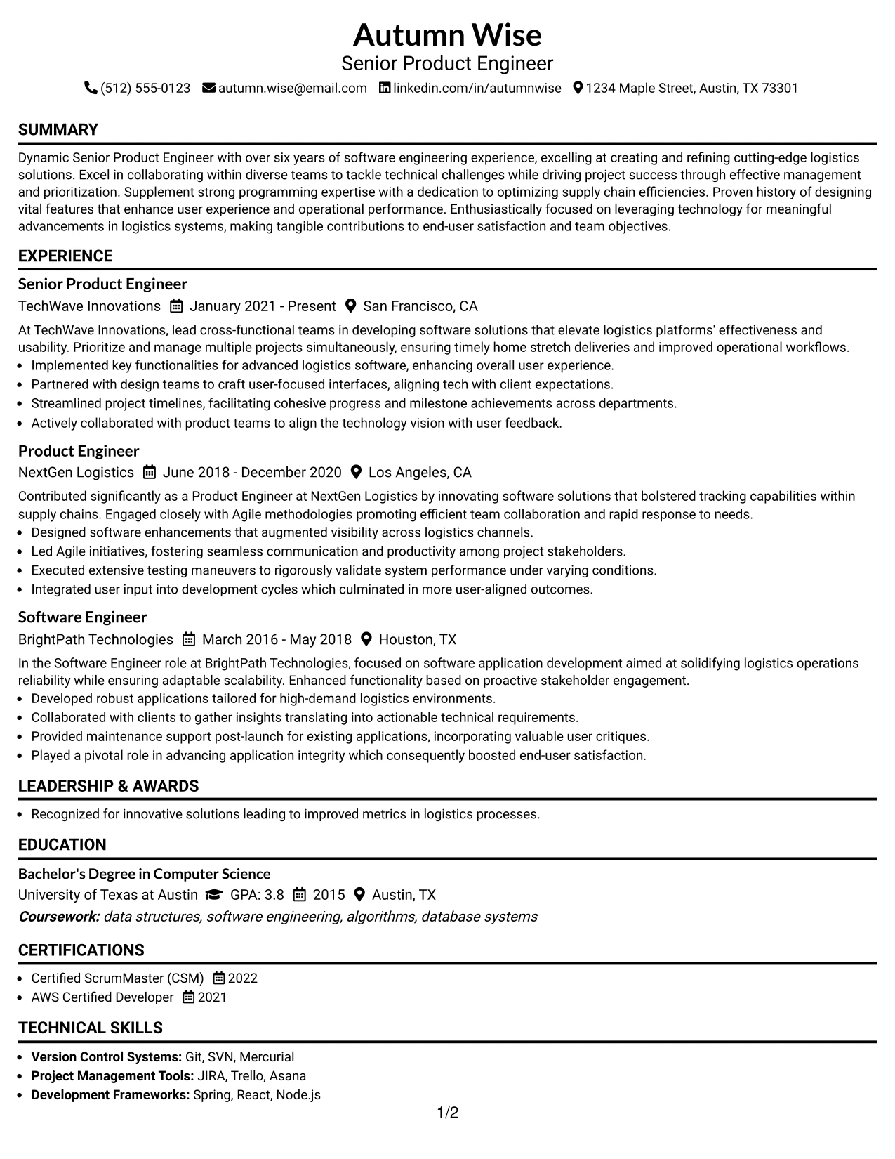 Resume Example Page 1
