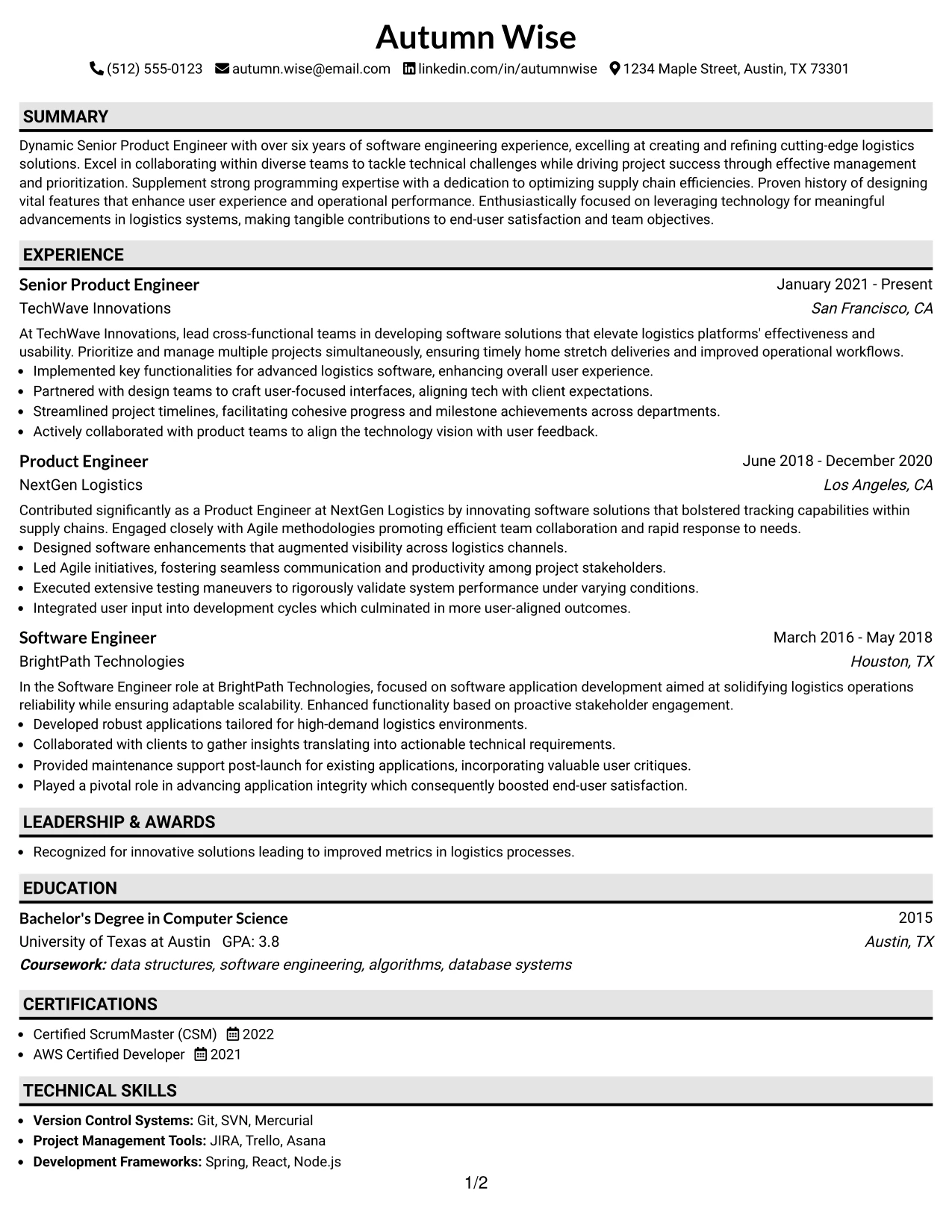 Resume Example Page 1