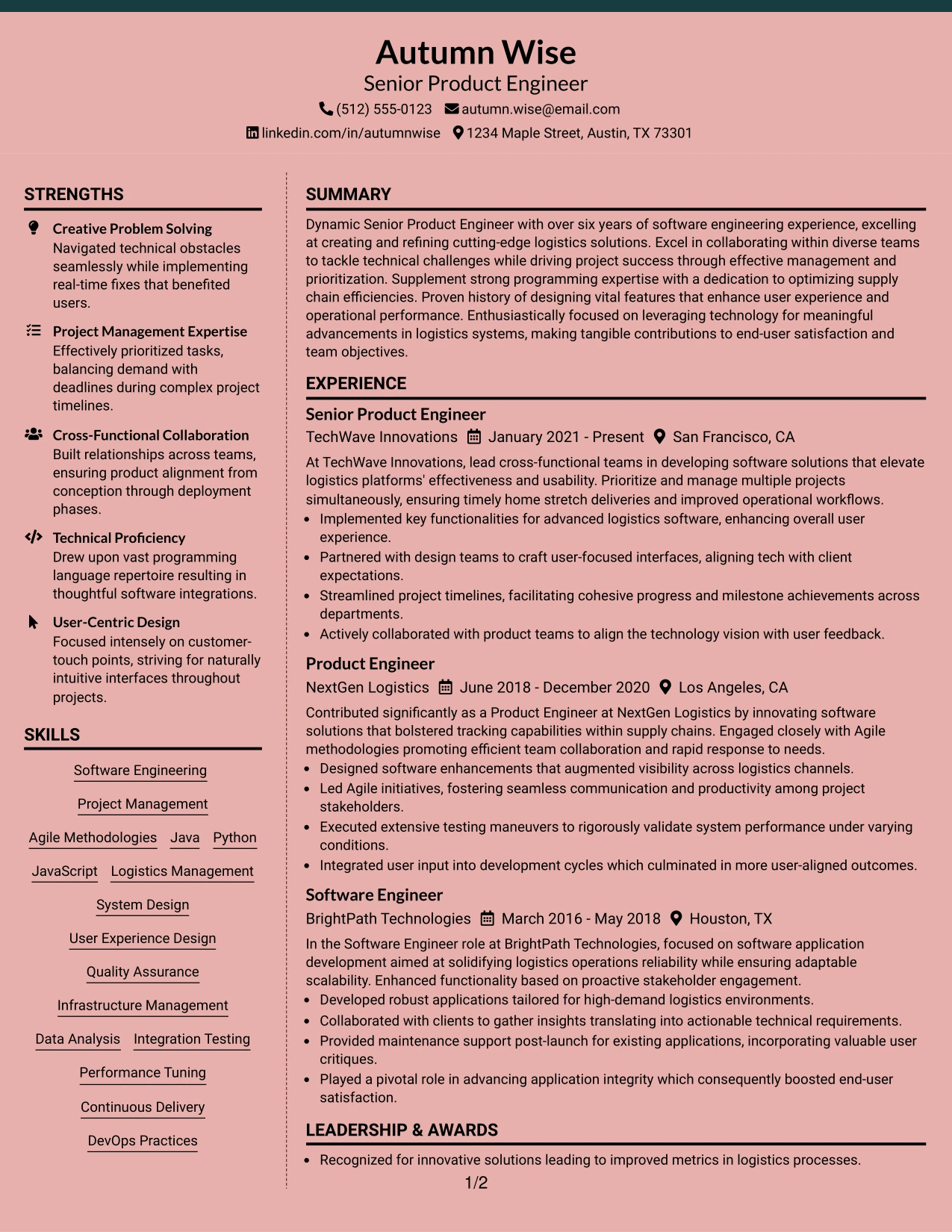 Resume Example Page 1