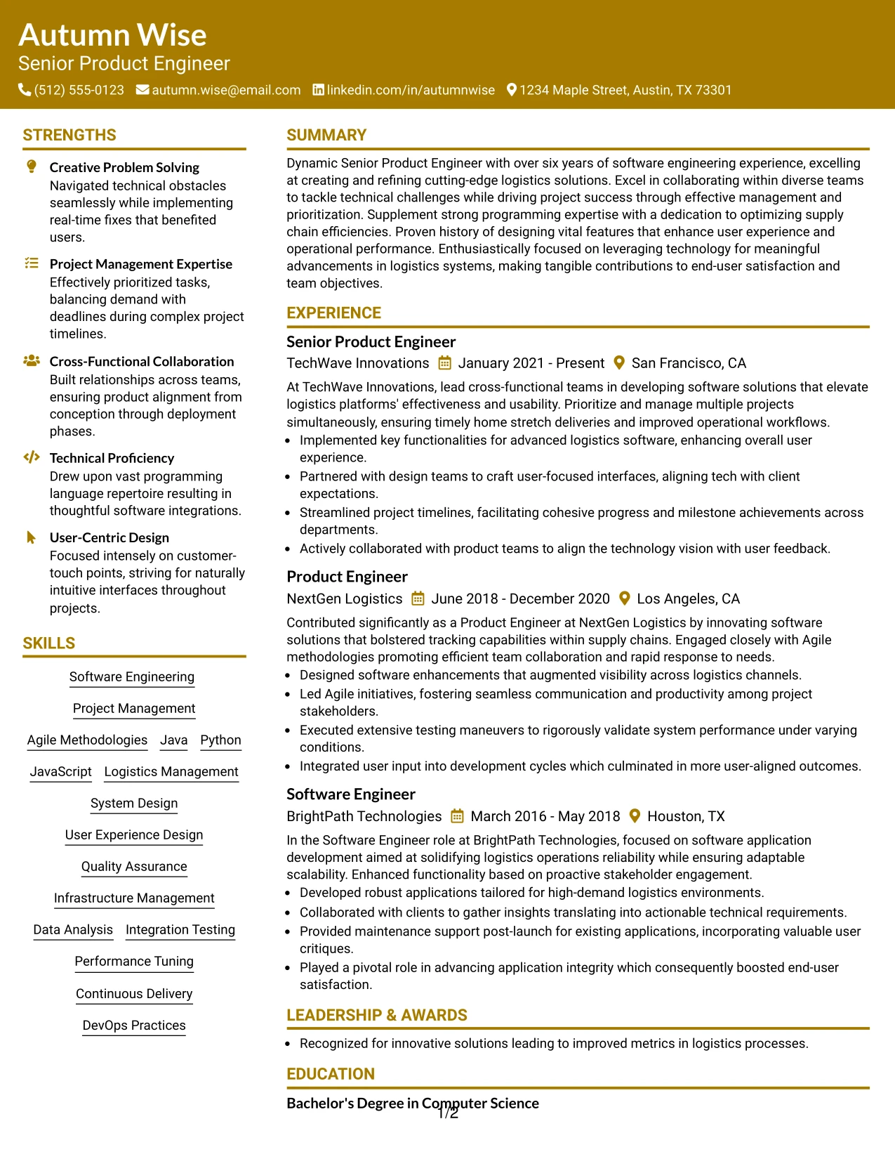 Resume Example Page 1