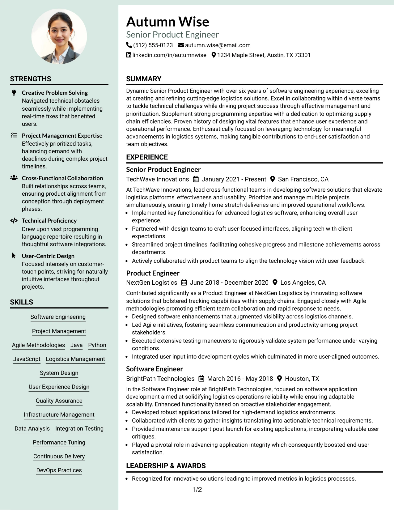 Resume Example Page 1