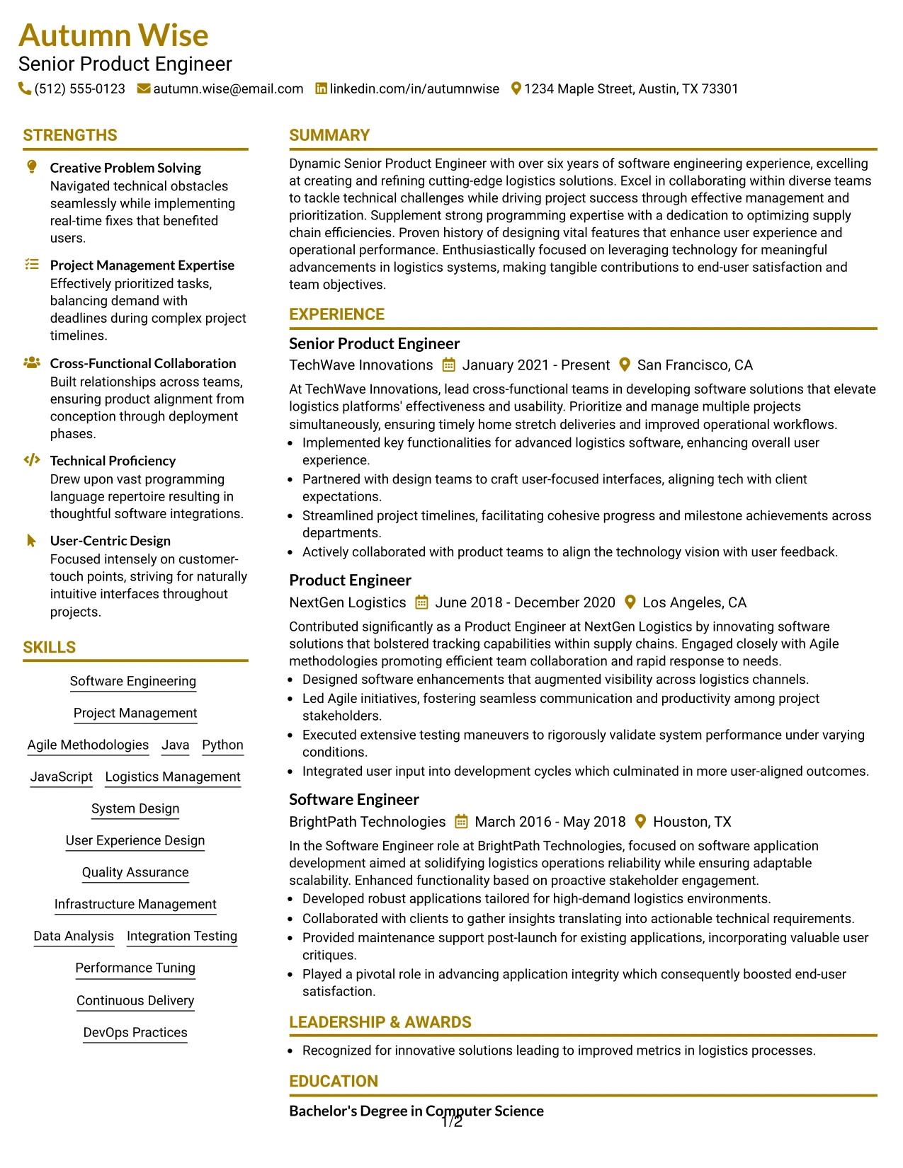Resume Example Page 1