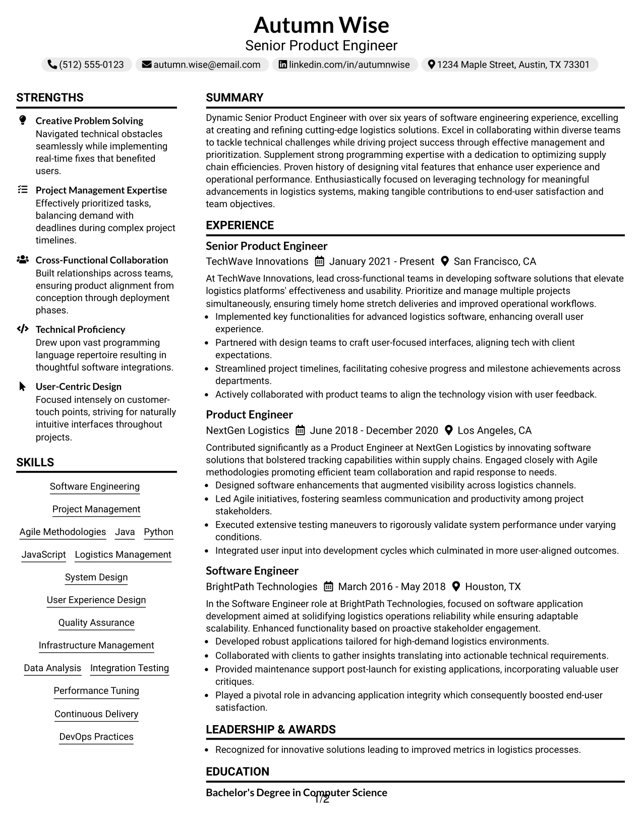 Resume Example Page 1
