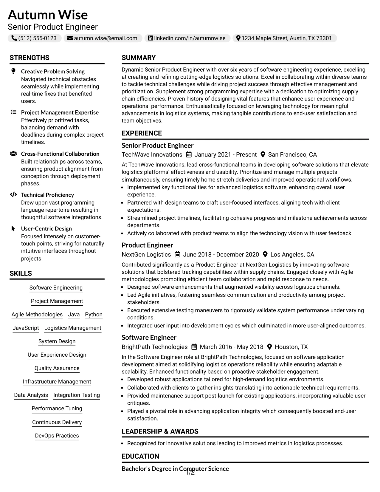 Resume Example Page 1