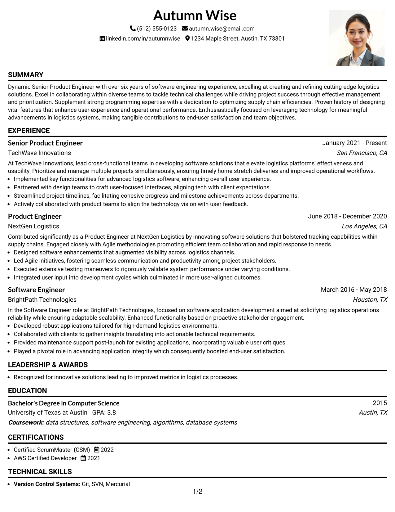 Resume Example Page 1