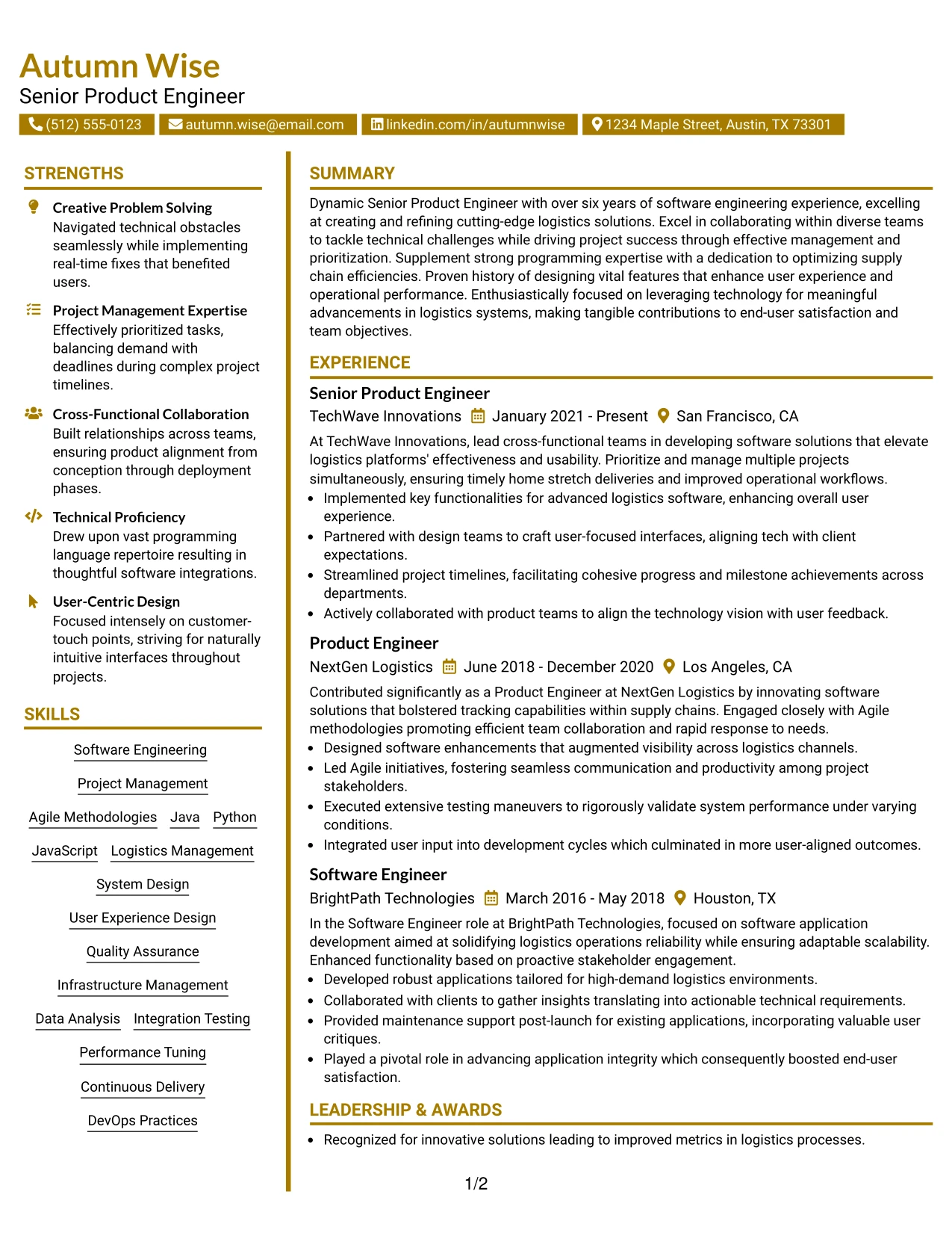 Resume Example Page 1