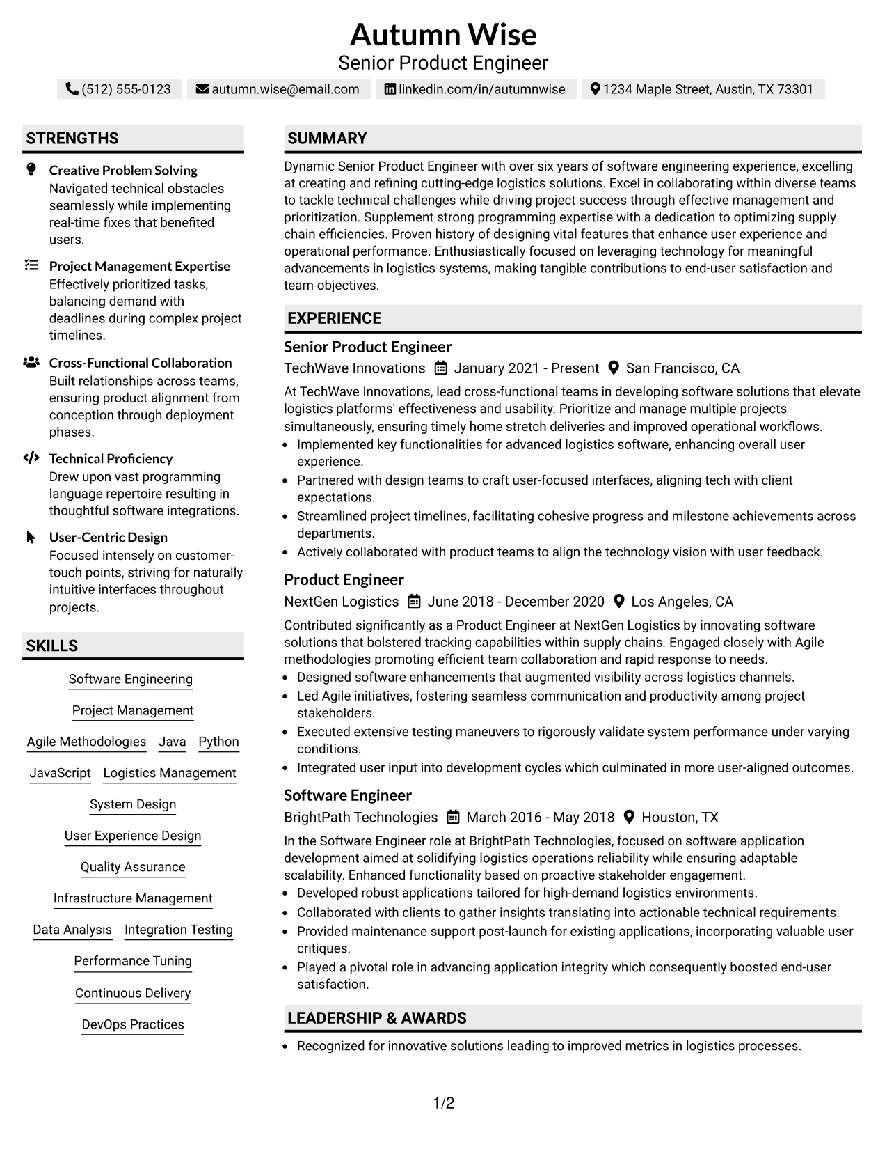 Resume Example Page 1