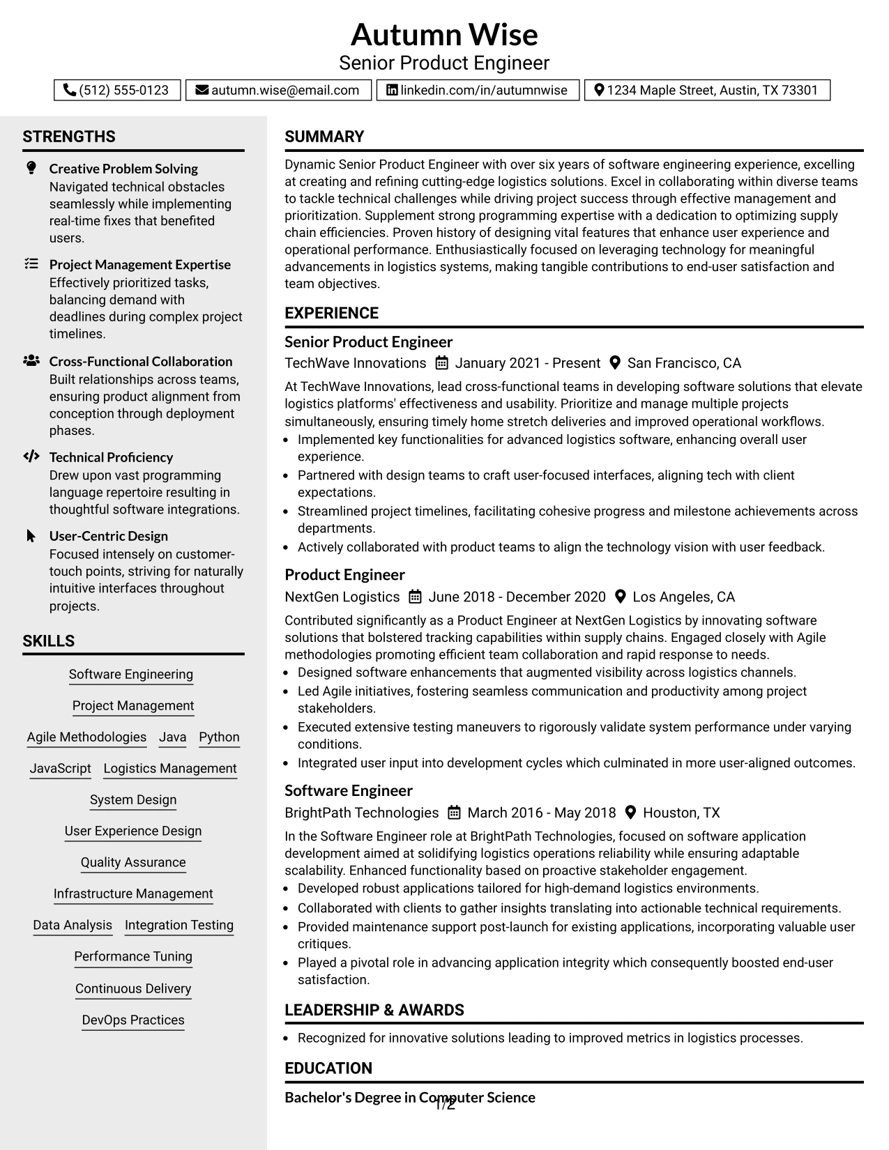 Resume Example Page 1