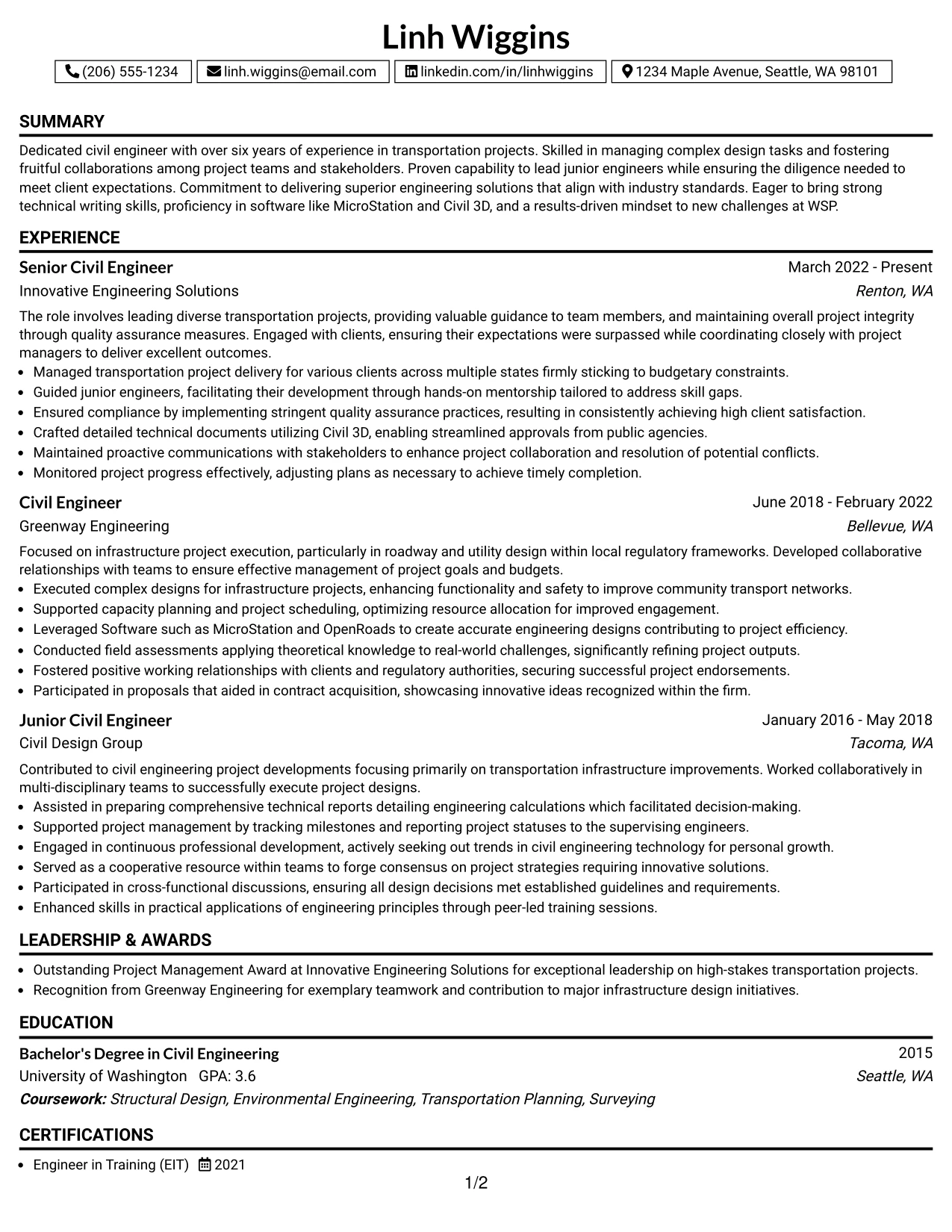 Resume Example Page 1