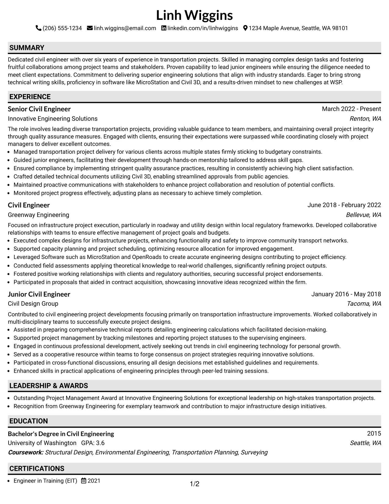 Resume Example Page 1